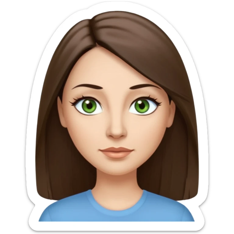 43 year old Adult woman avatar, light skin tone, long, oval face, long straight ashy brown hair, green almond-shaped eyes with dramatic eyelashes and minimal eyeliner, neutral mouth, medium straight eyebrows, small nose, smooth skin, sky blue blouse sticker