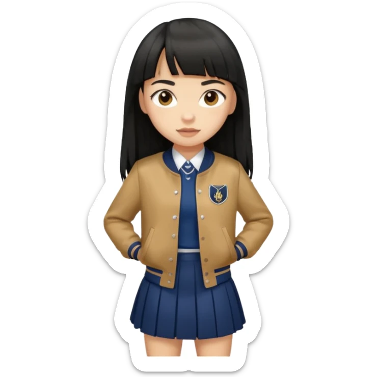 hair : black long hair with fringe 
skin : light 
cloth : brown varsity jacket + navy long long school girl skirt 


 sticker