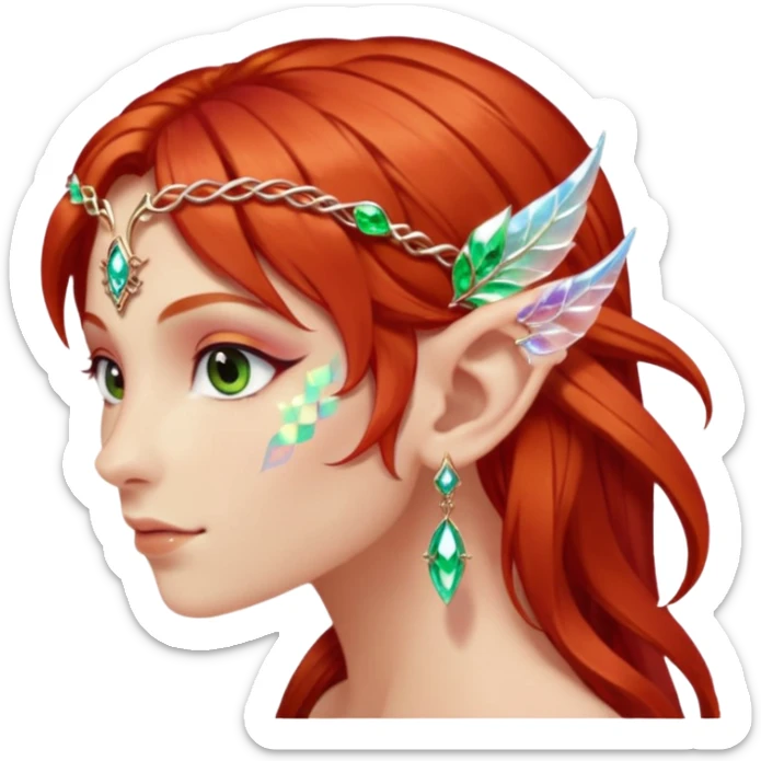 portrait of red haired Elvish fae shiny sparkly iridescent translucent diaphanous ear climber ear cuff sticker