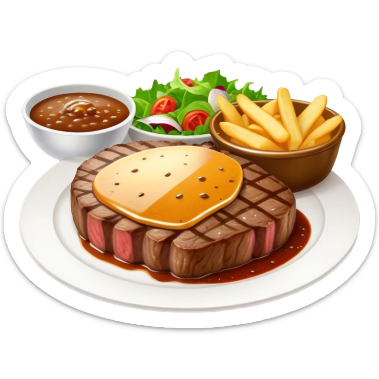 big juicy australian steak meal featuring chips, small salad in a ramiken and gravy  sticker