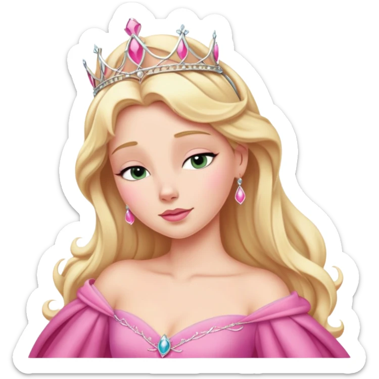 Aurora Sleeping Beauty from hips up, iconic pink gown, blonde hair with tiara, minimal style but very recognizable sticker