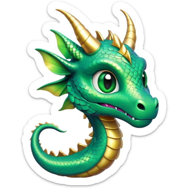 Cinematic Cute Dragon Portrait Emoji, Head tilted playfully and inquisitively, featuring a sleek, serpentine form adorned with iridescent scales that shift between emerald and gold, a delicate set of subtle horns, and round, sparkling eyes full of curious magic; rendered with realistic detail and warm natural light, high shine, affectionate and enchanting, styled with a touch of whimsical fantasy, soft glowing outline, capturing the essence of a mischievous yet lovable dragon that seems poised to slither playfully into your arms! sticker