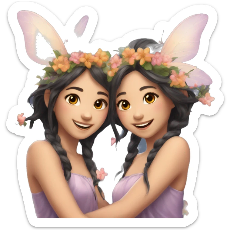 two fairies flying, beautiful, flowers in hair, smiling, aesthetic,asian girls sticker