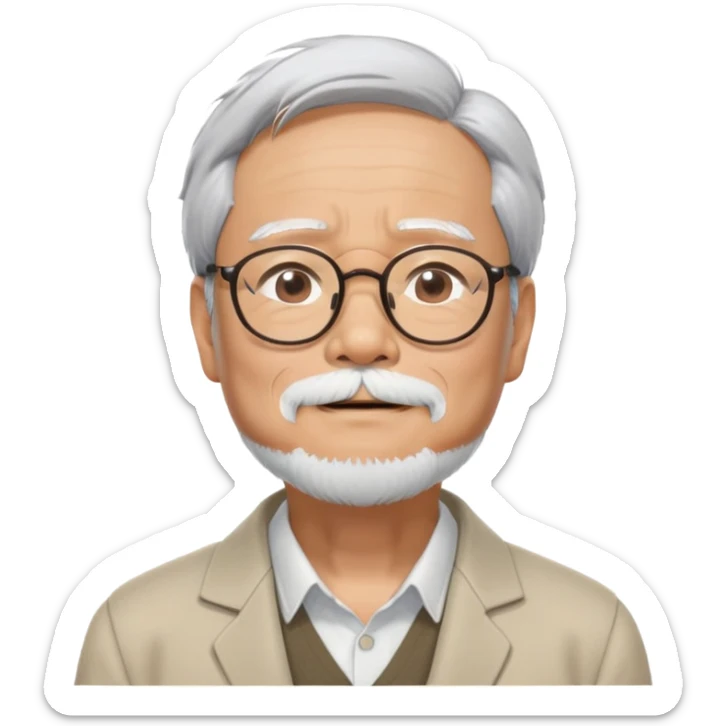 _cinematic-realistic-portrait-of-hayao-miyazaki,-depicted-with--large-rectangular-glasses,-his-happy-expression-rendered-in-lifelike-detail,-illuminated-with-soft,-realistic-lighting-that-emphasizes-his-creative-genius, his eyes closed  sticker