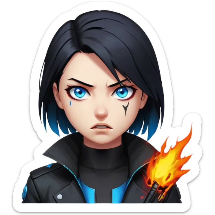 Black hair cyberpunk 2077 chibi girl with blazing blue eyes and black jacket. emotional action angry sticker