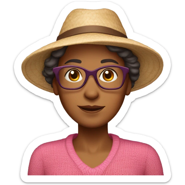 55-year-old Dutch woman with dark red colored short hair, pink sweater and brown glasses wearing beach hat sticker
