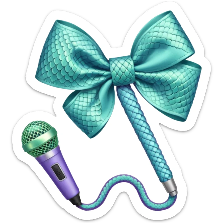 A pastel blue bow with a pastel a pastel green snake at the top of one side and a pastel purple microphone on the bottom of the other side of the bow sticker