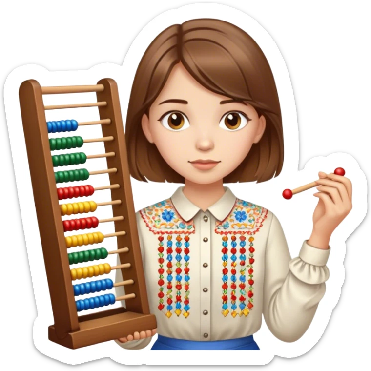 A Ukrainian girl with brown hair in an embroidered shirt holds an Abacus sticker