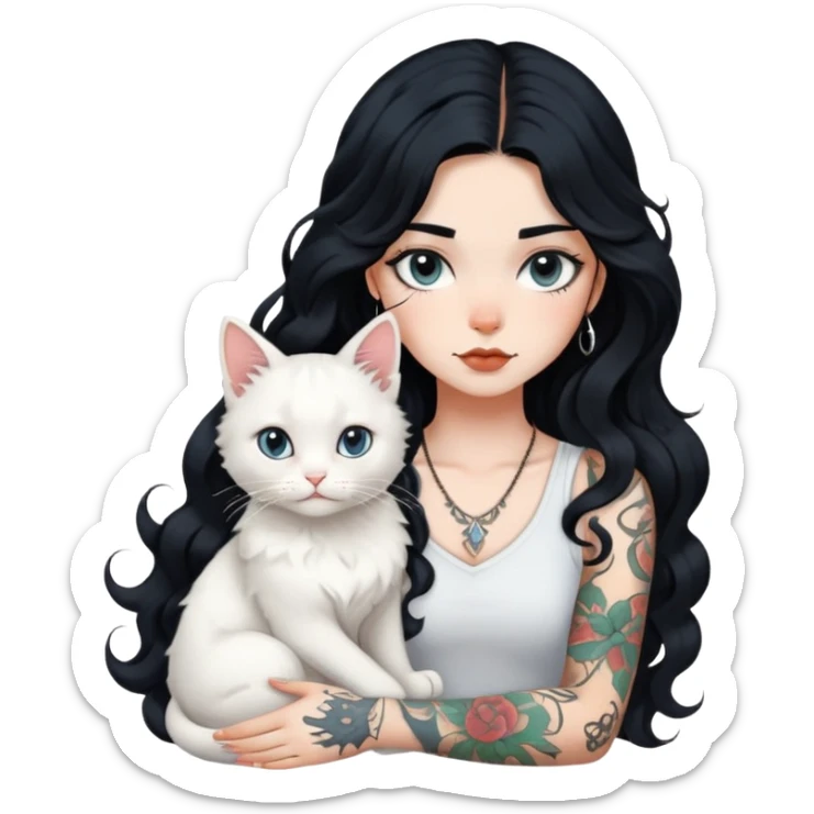 girl with long black Loose curls hair and tattoos and a white cat sticker