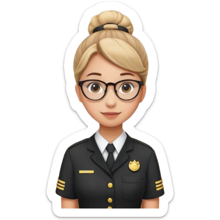 Reception Young girl, bun hair, wearing uniform of reception with hotel name badge, glasses, stand behind the desk

 sticker