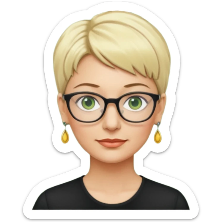 femme 40 ans lunettes cheveux très courts blonde anneaux oreilles yeux verts sticker