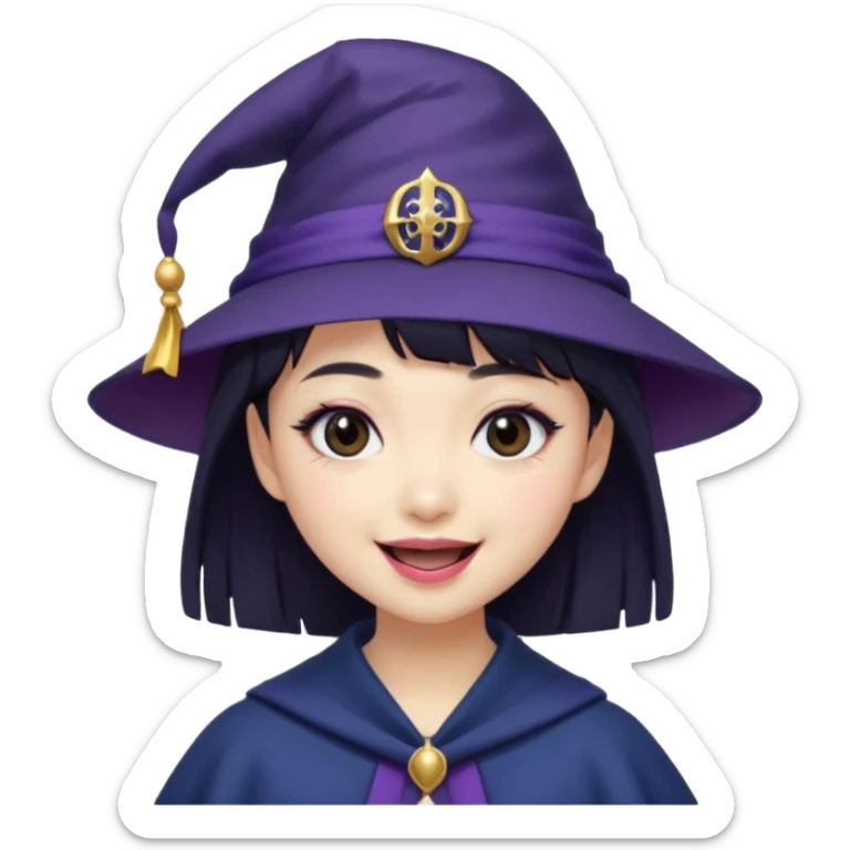 An Asian short-haired girl with short raven hair and bangs, with heterochromia eyed, eyeliner, and laughs with a tiny fang of mauve-toned lipstick, wears a dark navy wizard hat with an emblem on it. sticker