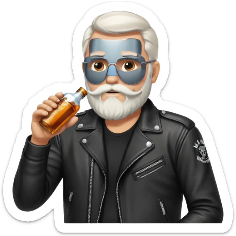 Un motero de barba blanca, chupa de cuero y bebiendo de una botella de Jack Daniel's. sticker
