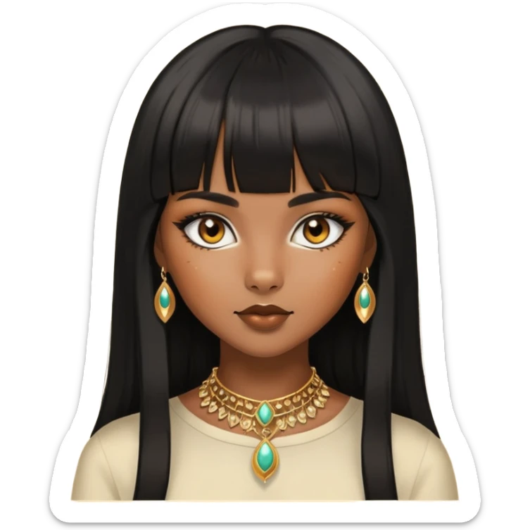 brownskin girl, fox eyes, black straight hair with bangs above eyebrowns, golden accessories sticker