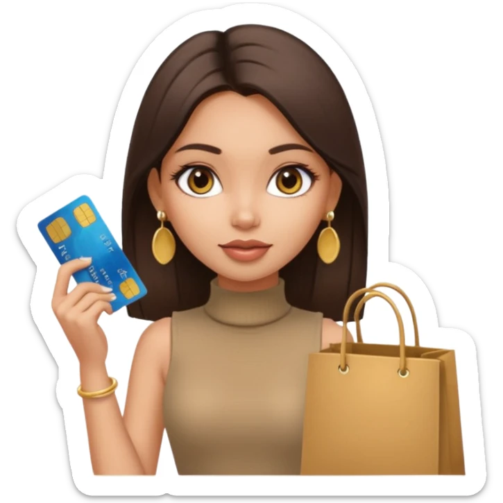 a pretty bratz fair indian girl wearing a beige sleeveless turtleneck, golden earrings, straight ling hair, holding bank cards, dark brown hair, carrying shopping bags sticker