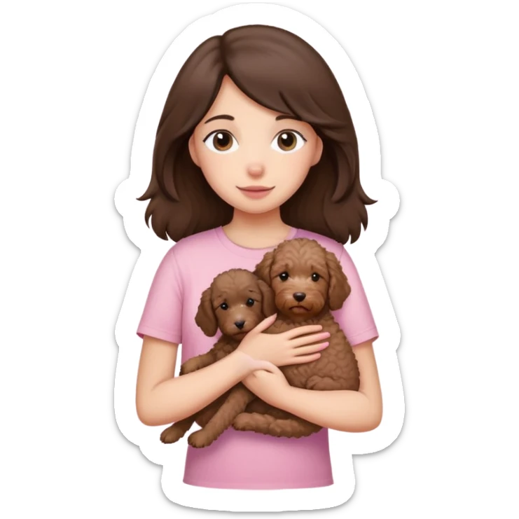 One girl with medium long dark brown hair dressing baby pink T-shirt, hugging One little brown coated labradoodle. sticker