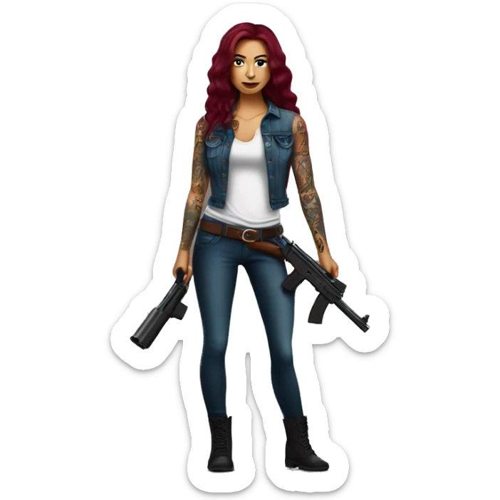 Beautiful tattooed burgundy long haired woman with a gun sticker