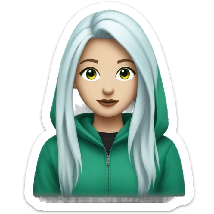 white girl with long blue hair in a wolf cut, blue eyes, wearing an unzipped green hoodie with a black tshirt underneath sticker