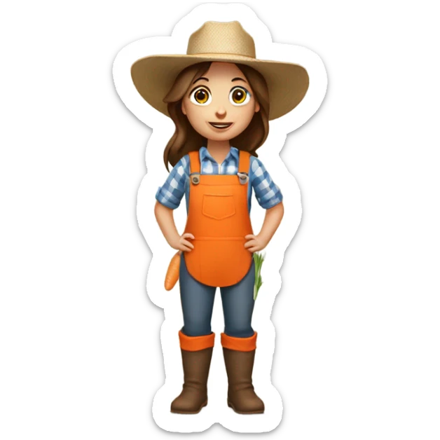full body farmer girl holding carrots, brown hair sticker
