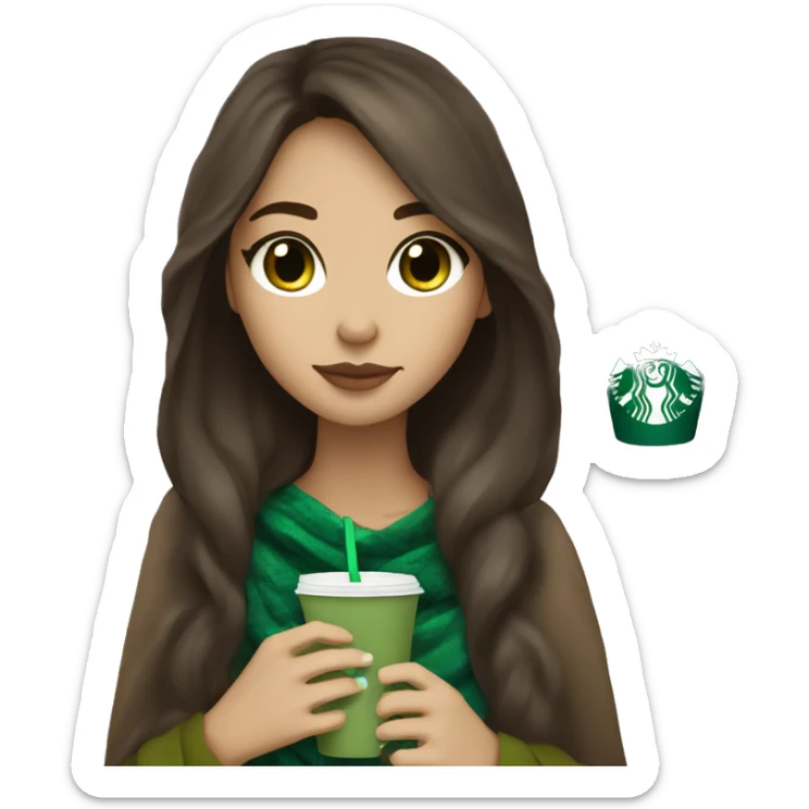 Brune long hair girl with white skin with green eyes a blanket beige sipping Starbucks coffee sticker