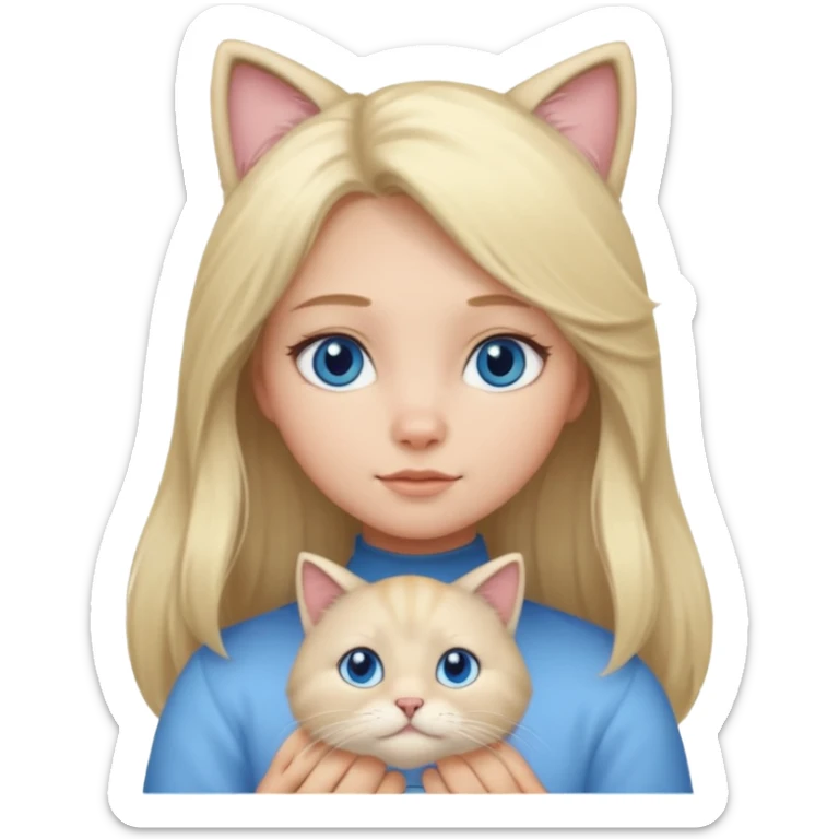 blonde girl with long blonde hair and blue eyes with chubby gray cat sticker