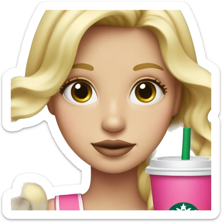 blonde with bright green eyes drinking pink starbucks wearing a pink bow in long wavy blonde hair sticker