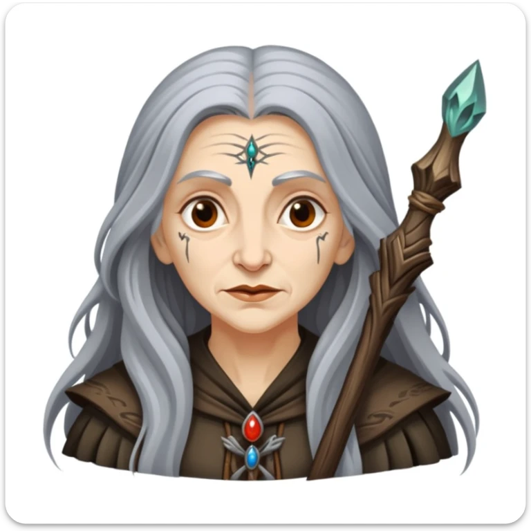 Baba Yaga sorceress woman with long wild hair, forest background sticker