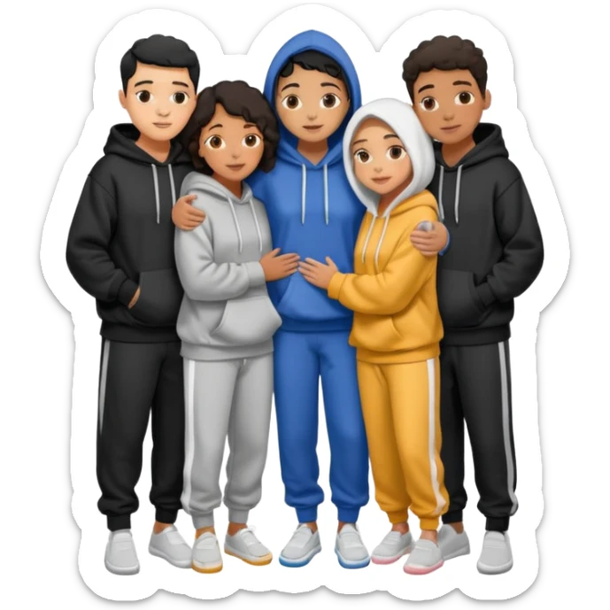 four mixed race friends all wearing oversized hoodies, sweatpants, and slides huddled together hugging sticker