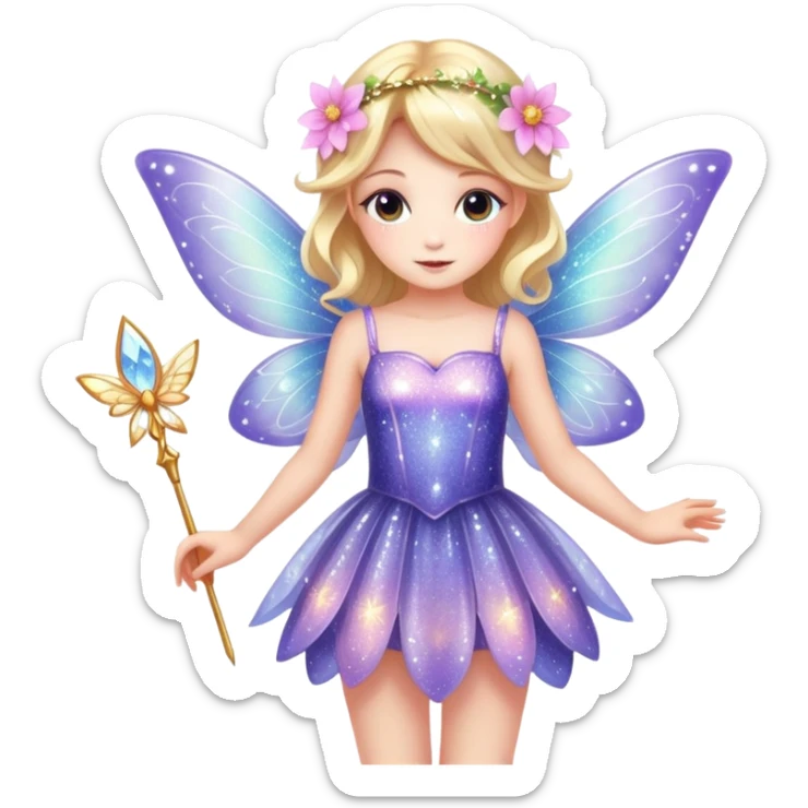 Cute fairy girl with delicate wings, sparkly wand, floral dress, and magical glitter sticker