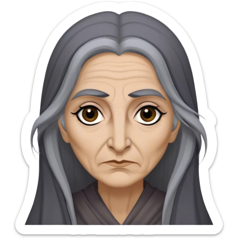 Mirri Maz Duur is a weathered, age 50 Lhazareen woman with deep-set dark eyes, high cheekbones, and a sharp nose, giving her a stern, knowing expression. Her long, unkempt dark hair streaked with gray falls loosely over her shoulders sticker