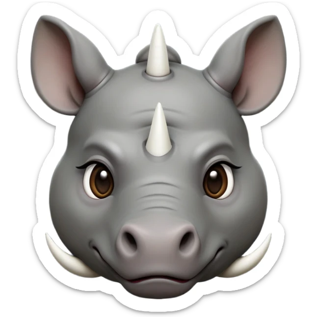 cinematic-noble-cute-rhinoceros-portrait-emoji,slate-grey-hide-poised-and-regal,-with-a-massive,-powerful-build-and-a-thick,--deep-set-soulful-piercing-eyes,-simplified-yet-sharp-and-sophisticated-features,-highly-detailed,-large-black-eyes, white horn, front facing sticker
