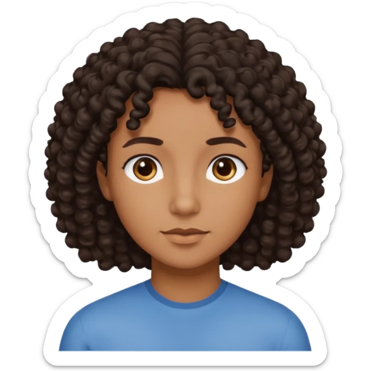 This is a cartoon-style avatar of a person with dark light curly hair, brown skin, and a calm expression sticker