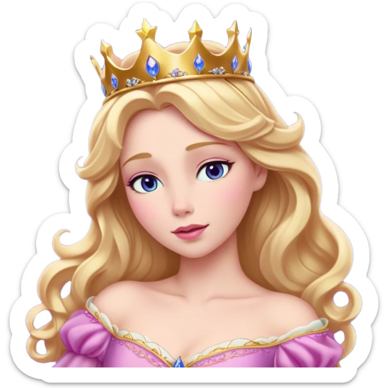 Cinematic Realistic Sleeping Beauty (Aurora) Portrait, with porcelain-like skin featuring a natural rosy flush, illuminated by soft lighting that highlights the gentle contours of her face. Her golden blonde hair flows in soft, detailed waves with subtle highlights that shimmer in the light. Her deep violet-blue eyes radiate warmth and innocence, framed by arched brows and long lashes. Her serene expression exudes quiet elegance. She is dressed in her classic pink gown, the fabric rich in texture with delicate folds that catch the light. A golden crown rests atop her head, gleaming with royal refinement. The portrait captures a soft, glowing aura, blending realism with an ethereal sense of beauty and timeless enchantment. sticker