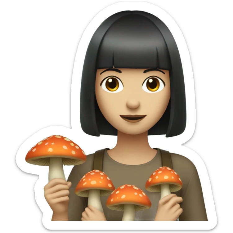 female with fair skin, dark bob and a fringe is picking up mushrooms sticker