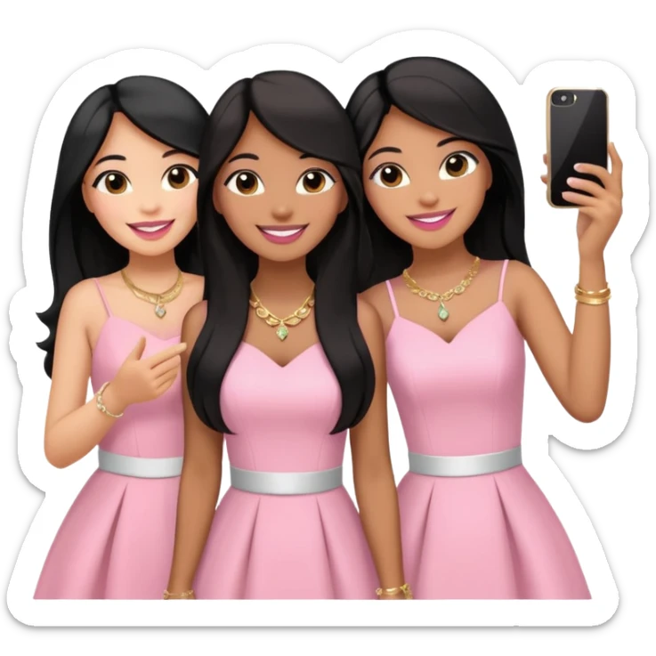 Just 3 besties with professional glammed up looks wearing pink and white, all medium skin tone smiling big with black long hair. Very girly wearing jewelry, taking a selfie  sticker