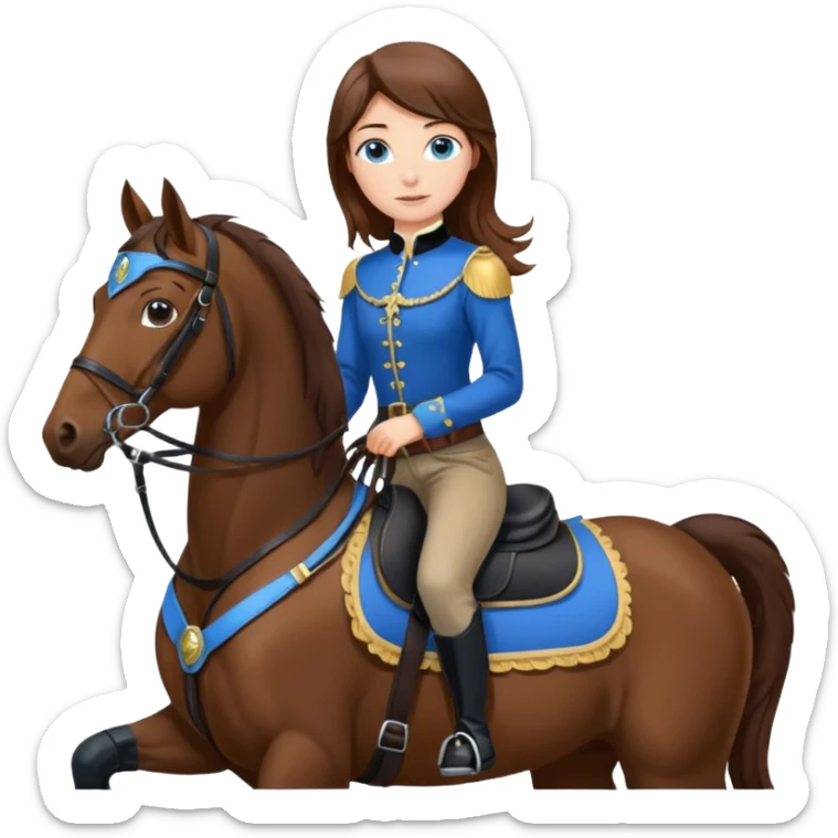 A brown hair, blue eyes girl riding a bay horse with black saddle and bridle sticker