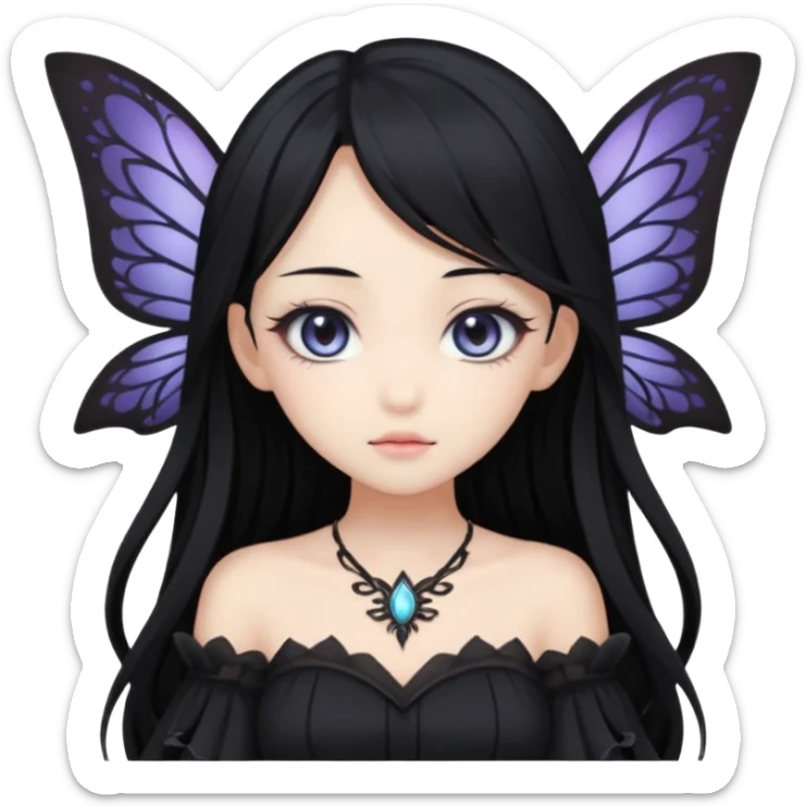 Gothic anime fairy with long beautiful black hair and black dress, pastelcore, sticker
