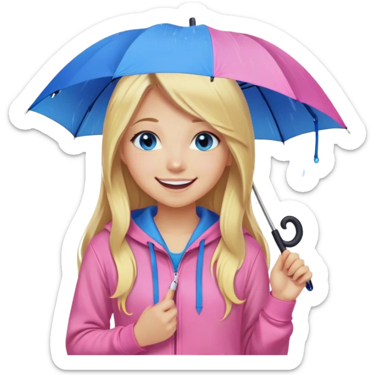 Cinematic realistic emojis in the form of a blonde girl with a joyful smile, long hair, blue eyes, wearing a pink hoodie, holding an umbrella over her from the rain sticker
