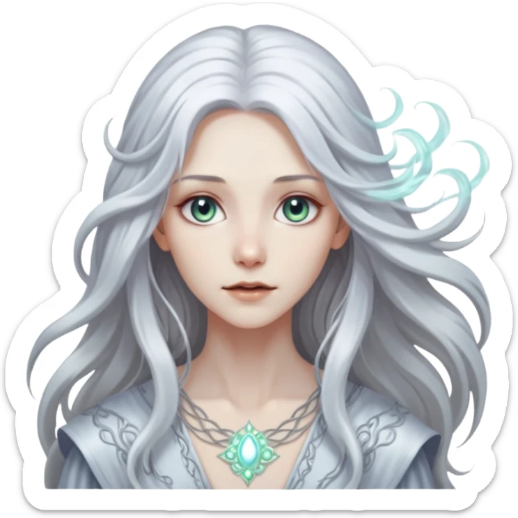 White silver Long Haired Women, Mystic seer — hair floating, glowing eyes sticker