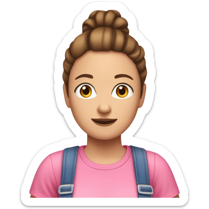 A white woman with brown hair in pony tail wearing pink headband, pink t shirt and overalls  sticker