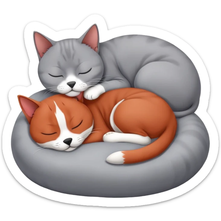 gray British Shorthair cat curled up and sleeping next to a red Basenji dog sticker