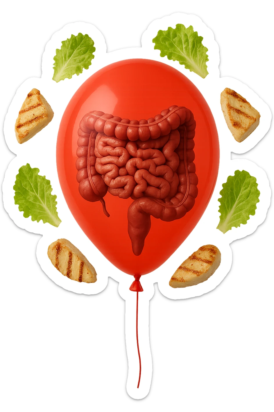 intestino anatomico realistico chiuso in un palloncino rosso e foglie di insalata e petto di pollo grigliato che fluttuano intorno sticker