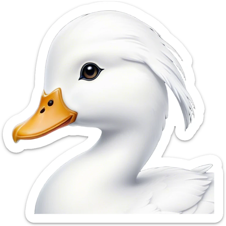 Cinematic Noble White Duck Portrait Emoji, Poised and regal, with a sleek, streamlined build and a pristine, well-groomed pure white plumage, deep-set soulful bright eyes, Simplified yet sharp and sophisticated features, highly detailed, glowing with a soft, dignified glow, high shine, intelligent and graceful, stylized with an air of aquatic elegance, focused and attentive, soft glowing outline, capturing the essence of a watchful and confident waterfowl, so majestic it feels as though it could glide out of the screen with effortless authority! sticker