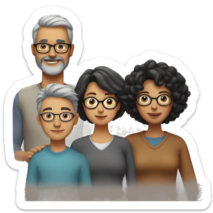 Familiy Group. Dad with grey short hair. Mother with brown shoulder long hair. Son with shorter black hair and beard. Everyone is wearing glasses sticker