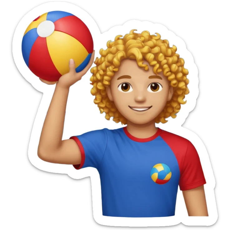 una persona de 18 años marron clarito con el pelo amrillo rizado con una camiseta roja y azul con un logo circular dorado y levantando un balon de playa sticker