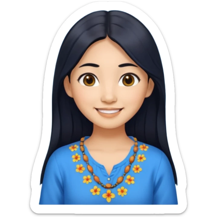 30 yr old asian woman center parted hair big eyes big smile tanned skin straight black hair hippie part hair blue blouse sticker