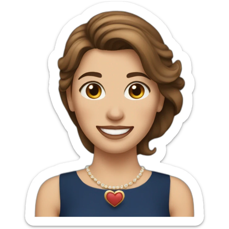 A white woman with brown hair, ыshows a heart by hands and smiles, wearing a dark blue dress, and long earrings sticker