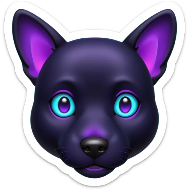 futuristic glowing black dog emoji, neon cyan eyes, purple #8B5CF6 highlights, tech minimal style, dark background sticker