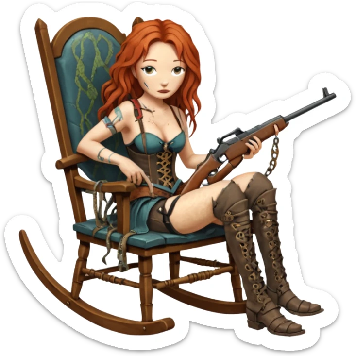 solarpunk ultra HD old and tired Tori Amos casually crouches on a rocking chair in a torn corset, holding a lintlock double-barreled rifle and with muddy feet. a bronze snake wrapped itself around the chair sticker