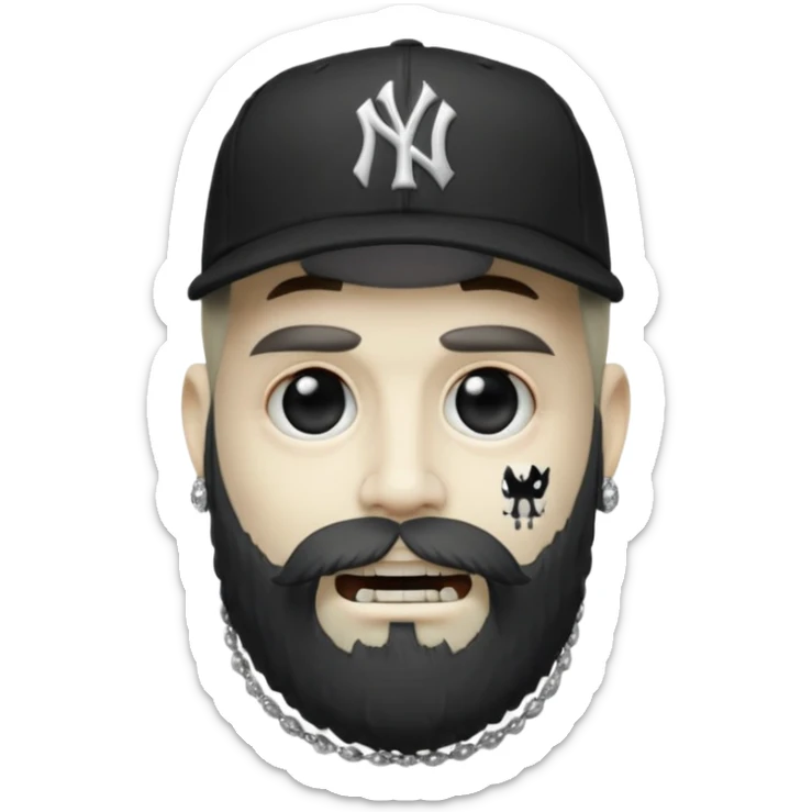 Hazme un zombie con barba en la barbilla el emoji que esté en blanco y negro osea la foto que tenga aretes pequeños una gorra volteada de los new York yankee y una cadena de diamantes que diga W sin barba sticker